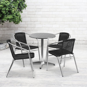 English Elm Lila Stylish Indoor-Outdoor Table Set with Four Rattan Chairs for Compact Dining and Entertaining Black 23.5" Round TLH-ALUM-24RD-020BKCHR4-GG