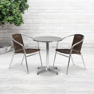 English Elm Lila Compact Bistro Table Set with Durable Aluminum Table and 2 Stylish Rattan Chairs for Dining Dark Brown 23.5" Round TLH-ALUM-24RD-020CHR2-GG