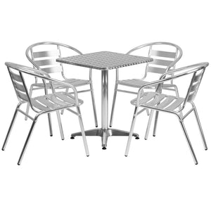 English Elm Lila 23.5'' Square Bistro Table Set with 4 Stackable Slat Back Chairs for Indoor-Outdoor Use TLH-ALUM-24SQ-017BCHR4-GG