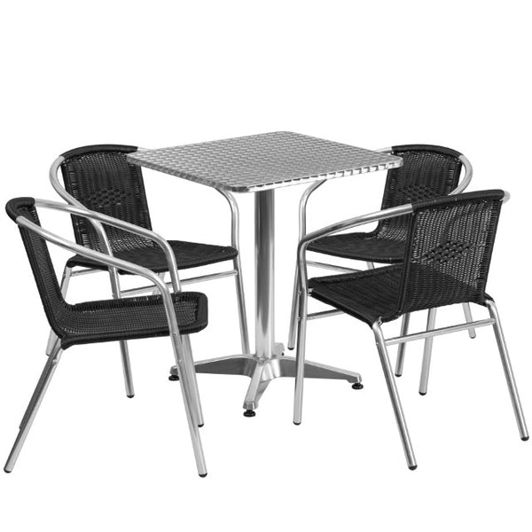 English Elm Lila Indoor-Outdoor Dining Set: Stylish Aluminum Table with 4 Stackable Rattan Chairs for All Spaces Black 23.5" Square TLH-ALUM-24SQ-020BKCHR4-GG