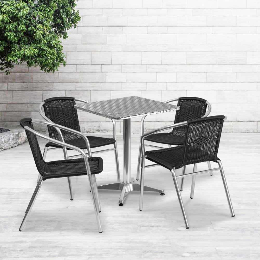 English Elm Lila Indoor-Outdoor Dining Set: Stylish Aluminum Table with 4 Stackable Rattan Chairs for All Spaces Black 23.5" Square TLH-ALUM-24SQ-020BKCHR4-GG