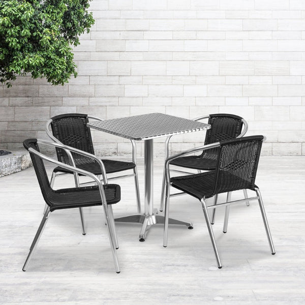 English Elm Lila Indoor-Outdoor Dining Set: Stylish Aluminum Table with 4 Stackable Rattan Chairs for All Spaces Black 23.5" Square TLH-ALUM-24SQ-020BKCHR4-GG