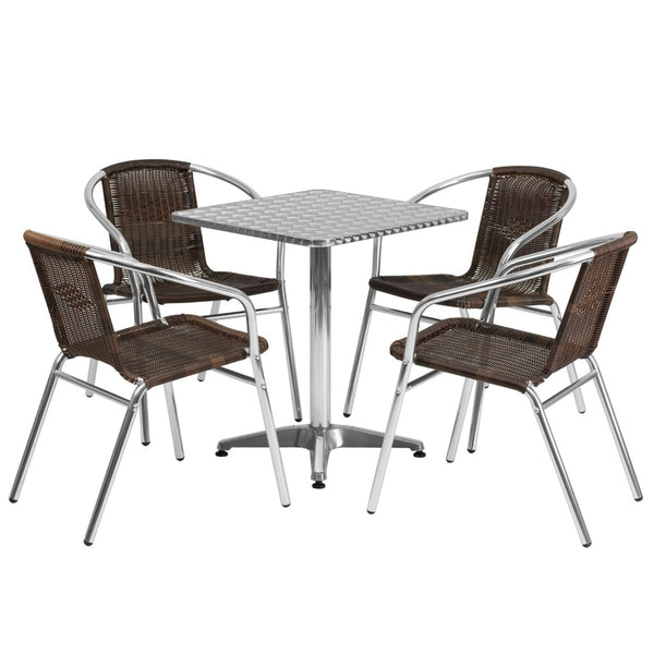 English Elm Lila Indoor-Outdoor Dining Set: Stylish Aluminum Table with 4 Stackable Rattan Chairs for All Spaces Dark Brown 23.5" Square TLH-ALUM-24SQ-020CHR4-GG