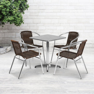 English Elm Lila Indoor-Outdoor Dining Set: Stylish Aluminum Table with 4 Stackable Rattan Chairs for All Spaces Dark Brown 23.5" Square TLH-ALUM-24SQ-020CHR4-GG