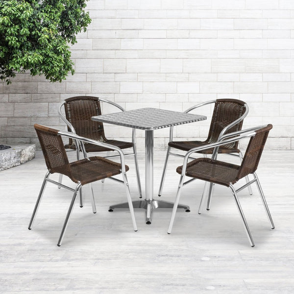 English Elm Lila Indoor-Outdoor Dining Set: Stylish Aluminum Table with 4 Stackable Rattan Chairs for All Spaces Dark Brown 23.5" Square TLH-ALUM-24SQ-020CHR4-GG