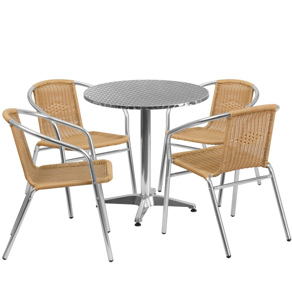English Elm Lila 5-Piece Aluminum Bistro Dining Set with 4 Comfortable Rattan Chairs for Indoor-Outdoor Use Beige 27.5" Round TLH-ALUM-28RD-020BGECHR4-GG