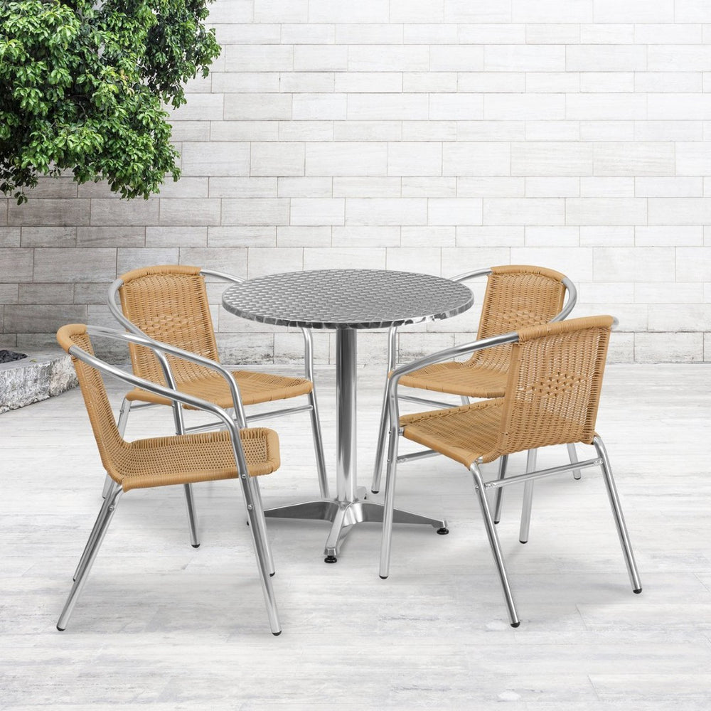 English Elm Lila 5-Piece Aluminum Bistro Dining Set with 4 Comfortable Rattan Chairs for Indoor-Outdoor Use Beige 27.5" Round TLH-ALUM-28RD-020BGECHR4-GG