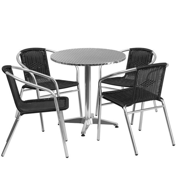 English Elm Lila 5-Piece Aluminum Bistro Dining Set with 4 Comfortable Rattan Chairs for Indoor-Outdoor Use Black 27.5" Round TLH-ALUM-28RD-020BKCHR4-GG