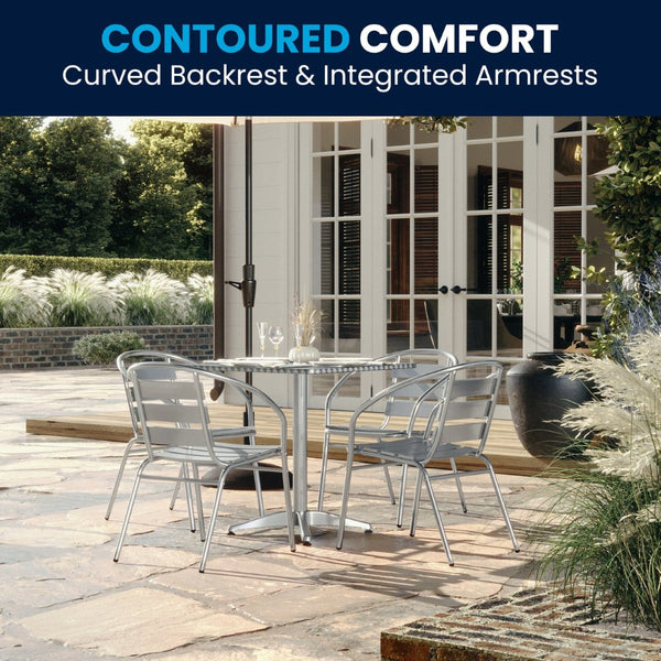 English Elm Lila Indoor-Outdoor Dining Set: Modern Square Table with 4 Ergonomic Slat Back Chairs for Entertaining Aluminum 27.5" Square TLH-ALUM-28SQ-017BCHR4-GG