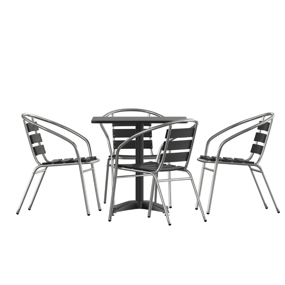 English Elm Lila Indoor-Outdoor Dining Set: Modern Square Table with 4 Ergonomic Slat Back Chairs for Entertaining Black 27.5" Square TLH-ALUM-28SQ-017BK4-GG