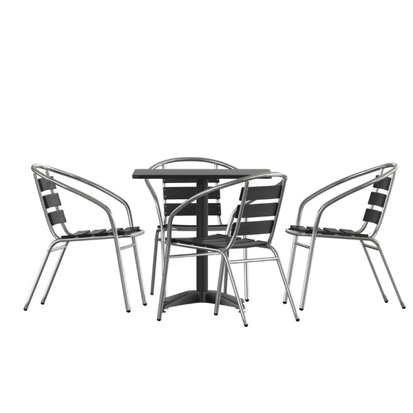 English Elm Lila Indoor-Outdoor Dining Set: Modern Square Table with 4 Ergonomic Slat Back Chairs for Entertaining Black 27.5" Square TLH-ALUM-28SQ-017BK4-GG