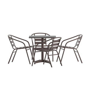 English Elm Lila Indoor-Outdoor Dining Set: Modern Square Table with 4 Ergonomic Slat Back Chairs for Entertaining Bronze 27.5" Square TLH-ALUM-28SQ-017BZ4-GG