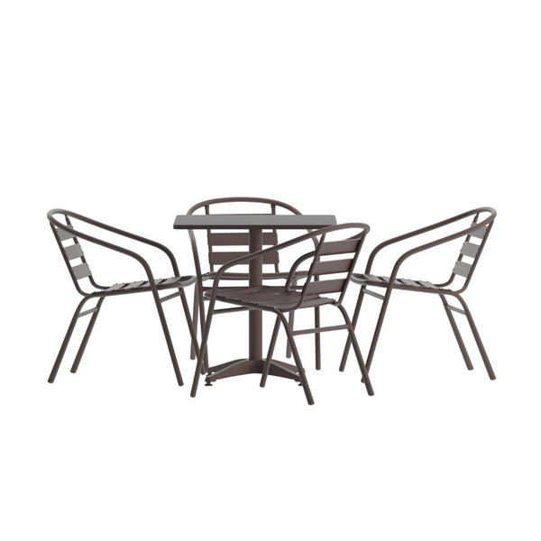 English Elm Lila Indoor-Outdoor Dining Set: Modern Square Table with 4 Ergonomic Slat Back Chairs for Entertaining Bronze 27.5" Square TLH-ALUM-28SQ-017BZ4-GG
