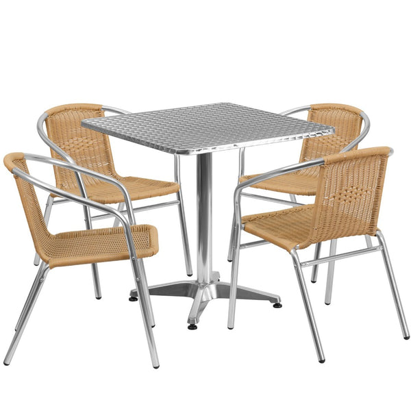 English Elm Lila Stylish Aluminum Bistro Table Set with 4 Stackable Rattan Chairs for Indoor and Outdoor Use Beige 27.5" Square TLH-ALUM-28SQ-020BGECHR4-GG