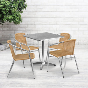 English Elm Lila Stylish Aluminum Bistro Table Set with 4 Stackable Rattan Chairs for Indoor and Outdoor Use Beige 27.5" Square TLH-ALUM-28SQ-020BGECHR4-GG