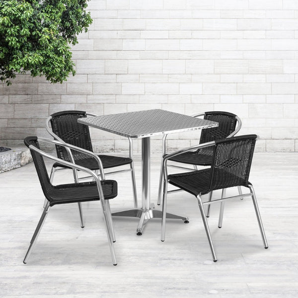English Elm Lila Stylish Aluminum Bistro Table Set with 4 Stackable Rattan Chairs for Indoor and Outdoor Use Black 27.5" Square TLH-ALUM-28SQ-020BKCHR4-GG