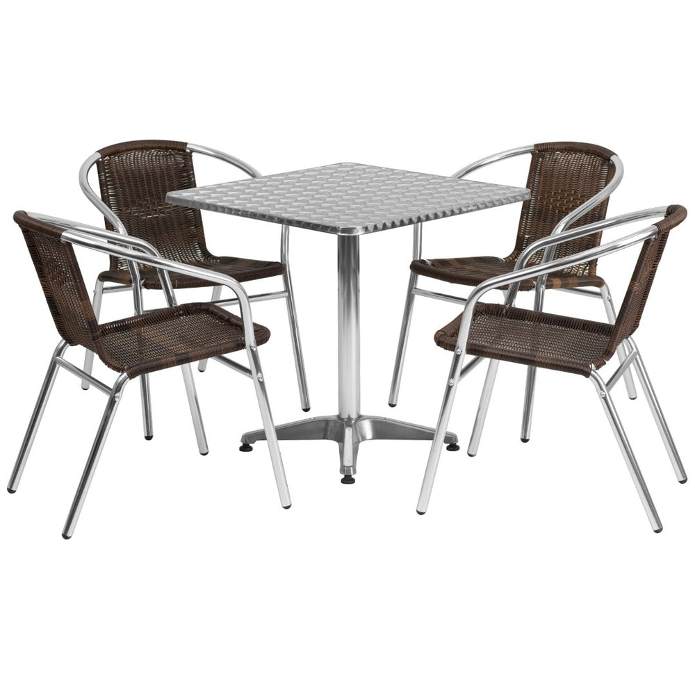 English Elm Lila Stylish Aluminum Bistro Table Set with 4 Stackable Rattan Chairs for Indoor and Outdoor Use Dark Brown 27.5" Square TLH-ALUM-28SQ-020CHR4-GG