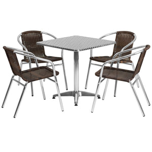 English Elm Lila Stylish Aluminum Bistro Table Set with 4 Stackable Rattan Chairs for Indoor and Outdoor Use Dark Brown 27.5" Square TLH-ALUM-28SQ-020CHR4-GG