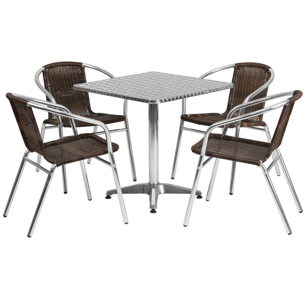 English Elm Lila Stylish Aluminum Bistro Table Set with 4 Stackable Rattan Chairs for Indoor and Outdoor Use Dark Brown 27.5" Square TLH-ALUM-28SQ-020CHR4-GG