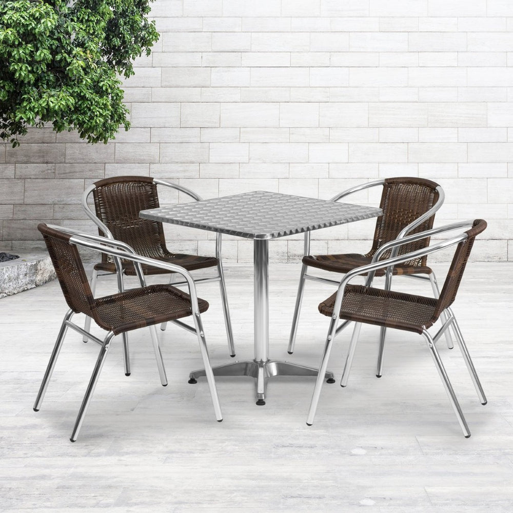 English Elm Lila Stylish Aluminum Bistro Table Set with 4 Stackable Rattan Chairs for Indoor and Outdoor Use Dark Brown 27.5" Square TLH-ALUM-28SQ-020CHR4-GG