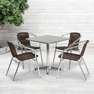 English Elm Lila Stylish Aluminum Bistro Table Set with 4 Stackable Rattan Chairs for Indoor and Outdoor Use Dark Brown 27.5" Square TLH-ALUM-28SQ-020CHR4-GG