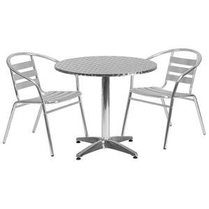 English Elm Lila 31.5'' Round Aluminum Bistro Table Set with 2 Stackable Slat-Back Chairs for Indoor & Outdoor Use TLH-ALUM-32RD-017BCHR2-GG