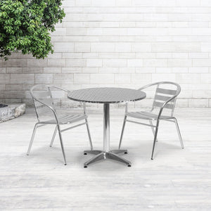 English Elm Lila 31.5'' Round Aluminum Bistro Table Set with 2 Stackable Slat-Back Chairs for Indoor & Outdoor Use TLH-ALUM-32RD-017BCHR2-GG
