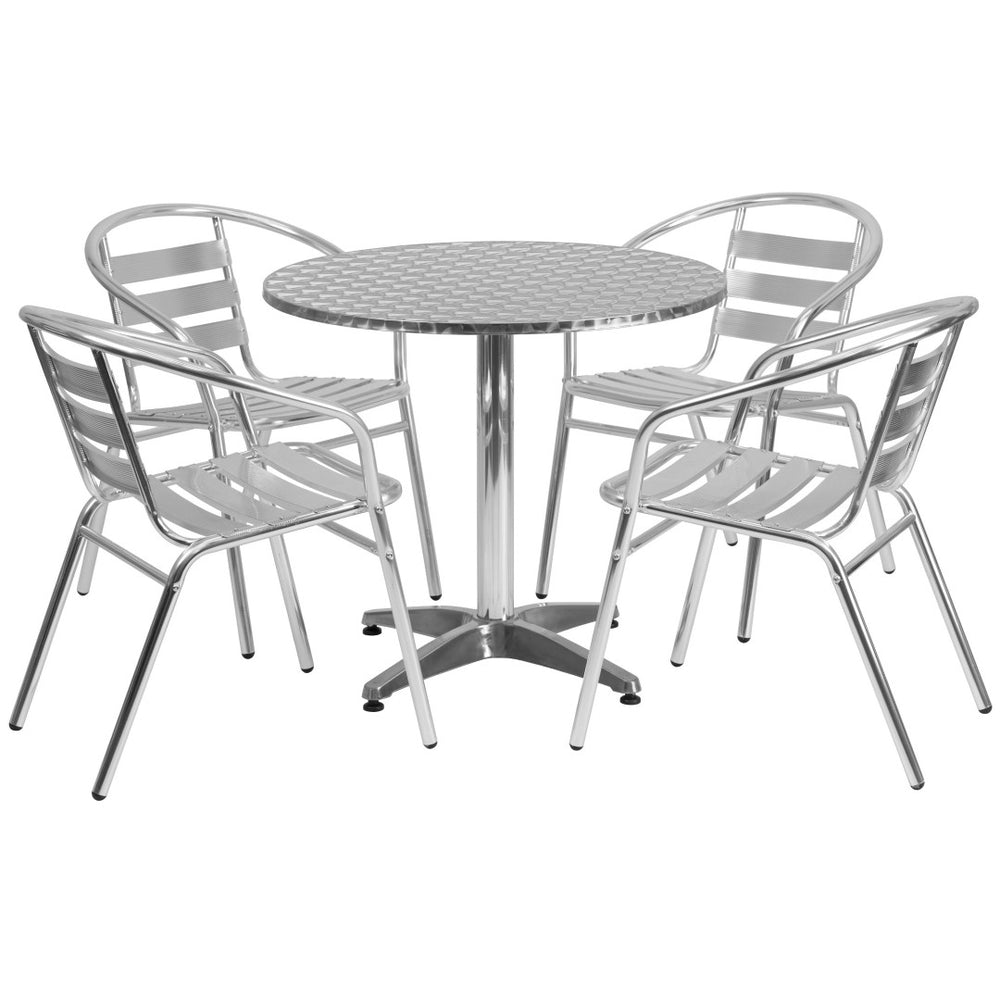 English Elm Lila 31.5'' Round Aluminum Table Set with 4 Ergonomic Slat Back Chairs for Indoor-Outdoor Charm TLH-ALUM-32RD-017BCHR4-GG