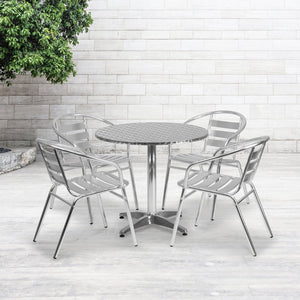 English Elm Lila 31.5'' Round Aluminum Table Set with 4 Ergonomic Slat Back Chairs for Indoor-Outdoor Charm TLH-ALUM-32RD-017BCHR4-GG