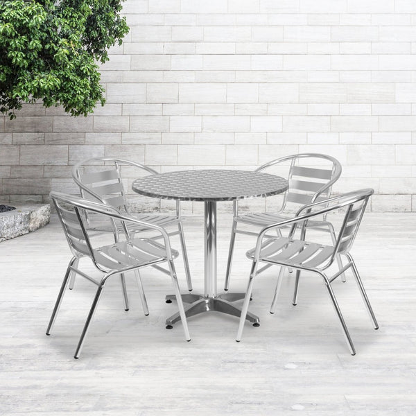 English Elm Lila 31.5'' Round Aluminum Table Set with 4 Ergonomic Slat Back Chairs for Indoor-Outdoor Charm TLH-ALUM-32RD-017BCHR4-GG