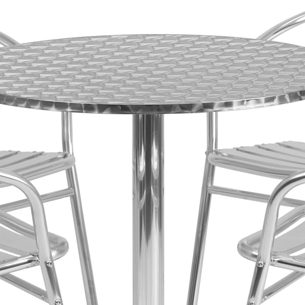 English Elm Lila 31.5'' Round Aluminum Table Set with 4 Ergonomic Slat Back Chairs for Indoor-Outdoor Charm TLH-ALUM-32RD-017BCHR4-GG