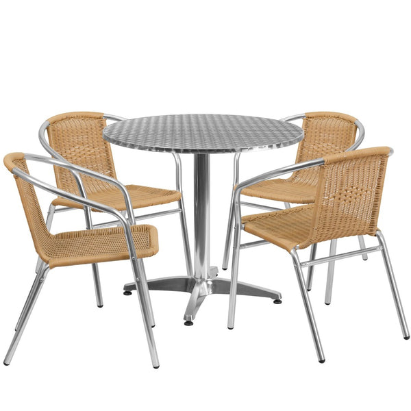 English Elm Lila Stylish Aluminum Bistro Dining Set with 4 Stackable Rattan Chairs for Indoor-Outdoor Use Beige 31.5" Round TLH-ALUM-32RD-020BGECHR4-GG