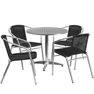 English Elm Lila Stylish Aluminum Bistro Dining Set with 4 Stackable Rattan Chairs for Indoor-Outdoor Use Black 31.5" Round TLH-ALUM-32RD-020BKCHR4-GG