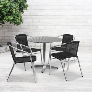 English Elm Lila Stylish Aluminum Bistro Dining Set with 4 Stackable Rattan Chairs for Indoor-Outdoor Use Black 31.5" Round TLH-ALUM-32RD-020BKCHR4-GG