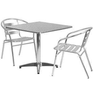 English Elm Lila 31.5" Square Bistro Table Set with 2 Stackable Slat-Back Chairs - Stylish & Durable Dining Solution TLH-ALUM-32SQ-017BCHR2-GG