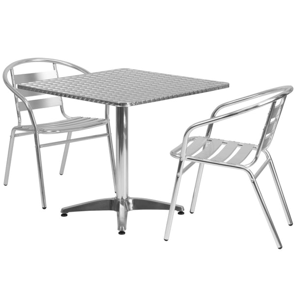 English Elm Lila 31.5" Square Bistro Table Set with 2 Stackable Slat-Back Chairs - Stylish & Durable Dining Solution TLH-ALUM-32SQ-017BCHR2-GG