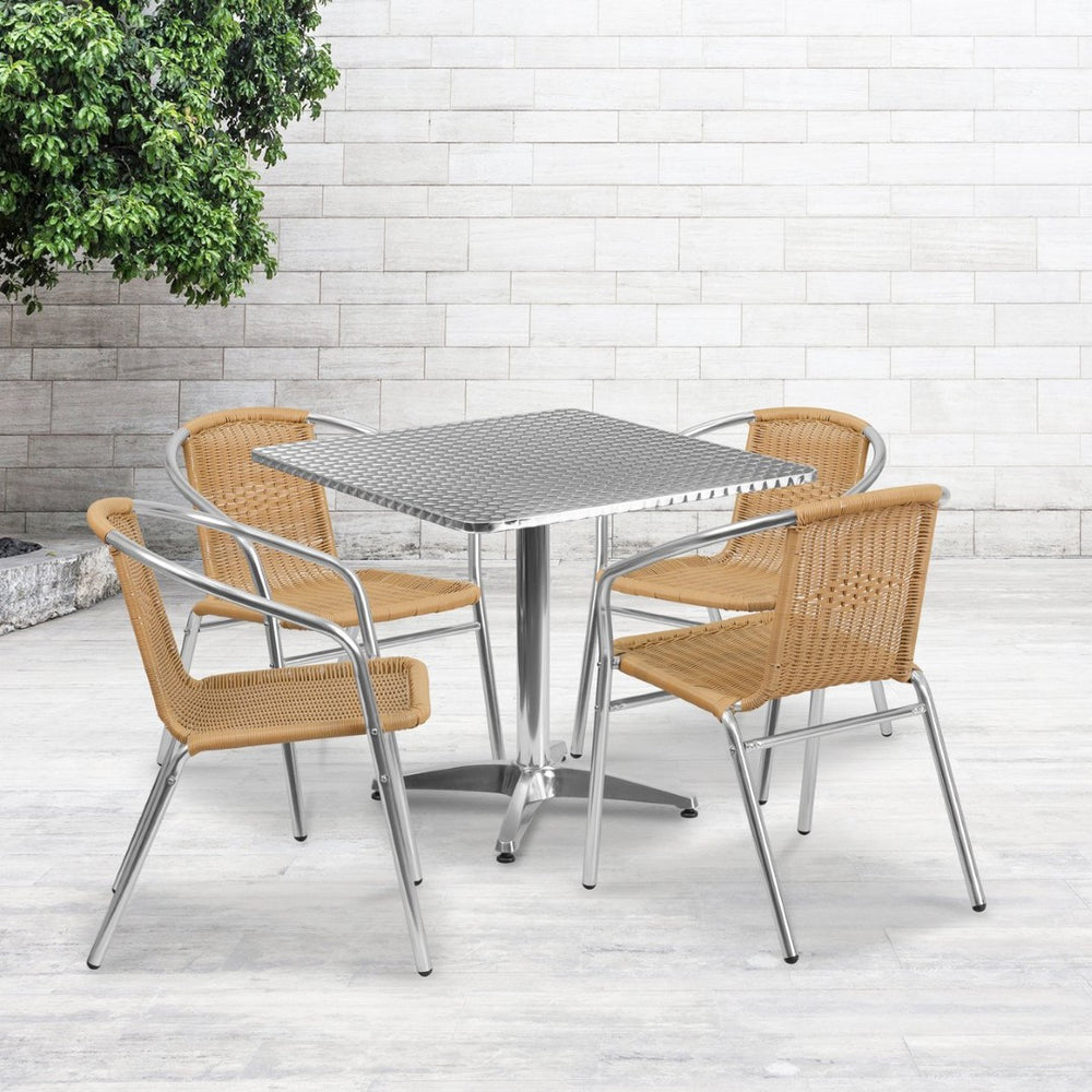 English Elm Lila Contemporary 5-Piece Aluminum Dining Set with Stackable Rattan Chairs for Indoor & Outdoor Use Beige 31.5" Square TLH-ALUM-32SQ-020BGECHR4-GG