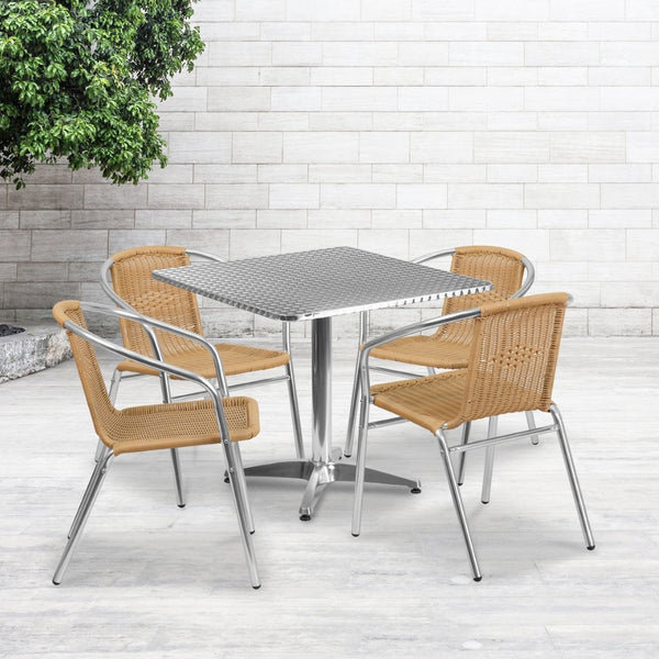 English Elm Lila Contemporary 5-Piece Aluminum Dining Set with Stackable Rattan Chairs for Indoor & Outdoor Use Beige 31.5" Square TLH-ALUM-32SQ-020BGECHR4-GG