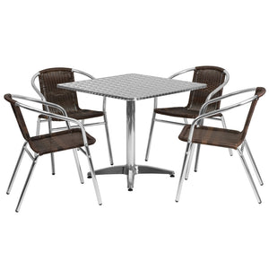 English Elm Lila Contemporary 5-Piece Aluminum Dining Set with Stackable Rattan Chairs for Indoor & Outdoor Use Dark Brown 31.5" Square TLH-ALUM-32SQ-020CHR4-GG