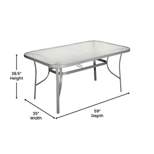 English Elm Tory Commercial Grade Rectangular Patio Table with Tempered Glass Top for Stylish Outdoor Dining Clear Top/Silver Frame 35"W x 59"L TLH-SC-094L-SV-GG