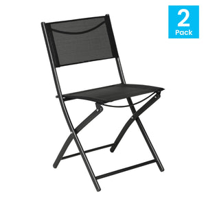 English Elm Brazos Set of 2 Durable Indoor/Outdoor Folding Chairs with Comfortable Textilene Fabric Seats Black TLH-SC-097-BLK-02-GG