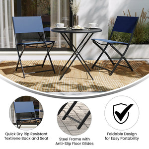 English Elm Brazos Set of 2 Durable Indoor/Outdoor Folding Chairs with Comfortable Textilene Fabric Seats Navy TLH-SC-097-NV-02-GG