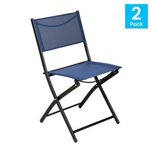 English Elm Brazos Set of 2 Durable Indoor/Outdoor Folding Chairs with Comfortable Textilene Fabric Seats Navy TLH-SC-097-NV-02-GG