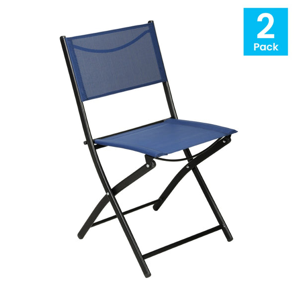 English Elm Brazos Set of 2 Durable Indoor/Outdoor Folding Chairs with Comfortable Textilene Fabric Seats Navy TLH-SC-097-NV-02-GG