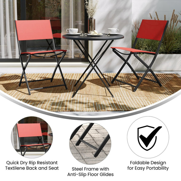 English Elm Brazos Set of 2 Durable Indoor/Outdoor Folding Chairs with Comfortable Textilene Fabric Seats Red TLH-SC-097-RED-02-GG