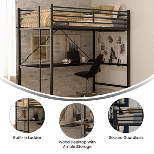 English Elm Jake Loft Bed Frame with Desk - Space-Saving Elevated Sleeping and Study Solution for Kids & Teens Black Twin TLN-YH0226-T-BLK-GG