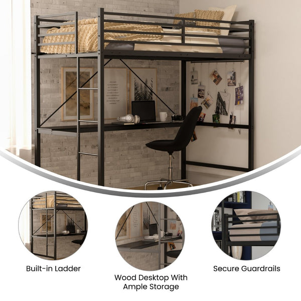 English Elm Jake Loft Bed Frame with Desk - Space-Saving Elevated Sleeping and Study Solution for Kids & Teens Black Twin TLN-YH0226-T-BLK-GG