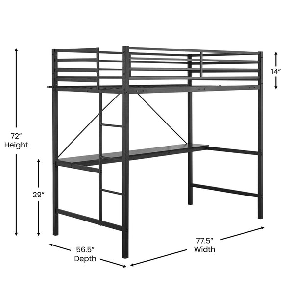 English Elm Jake Loft Bed Frame with Desk - Space-Saving Elevated Sleeping and Study Solution for Kids & Teens Black Twin TLN-YH0226-T-BLK-GG