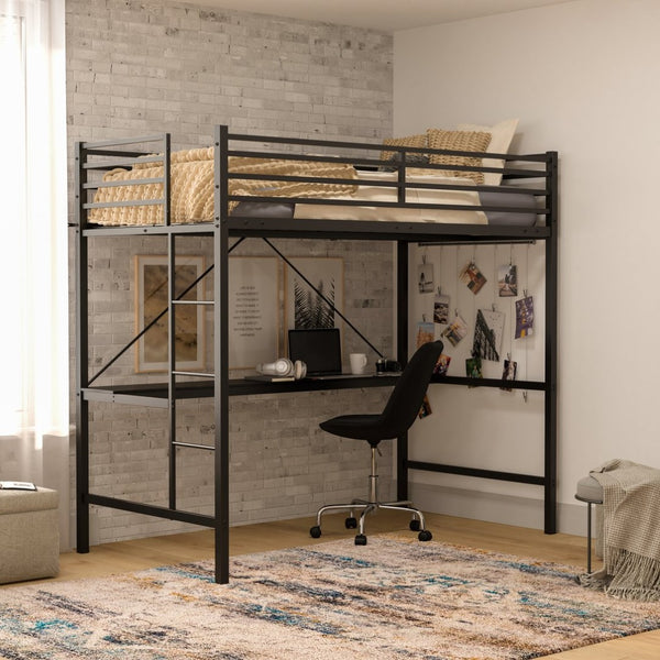 English Elm Jake Loft Bed Frame with Desk - Space-Saving Elevated Sleeping and Study Solution for Kids & Teens Black Twin TLN-YH0226-T-BLK-GG