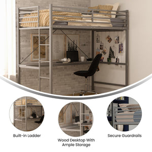 English Elm Jake Loft Bed Frame with Desk - Space-Saving Elevated Sleeping and Study Solution for Kids & Teens Gray Twin TLN-YH0226-T-GRY-GG